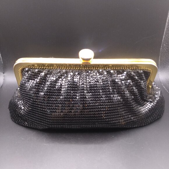Vintage Whiting & Davis Black Mesh Metal Evening Bag Purse Rhinestone kiss lock - Picture 2 of 7
